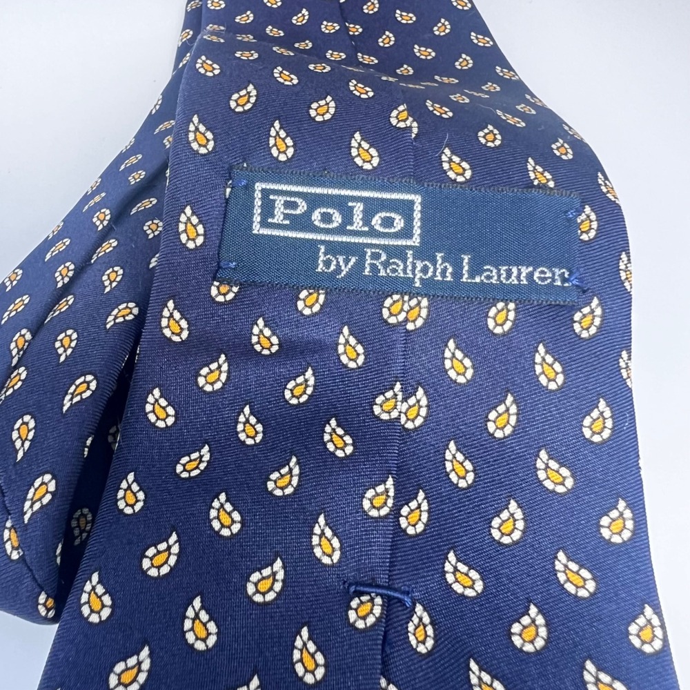 Polo Ralph Lauren Mens Navy Blue Paisley Silk Tie Hand Made in Italy 496